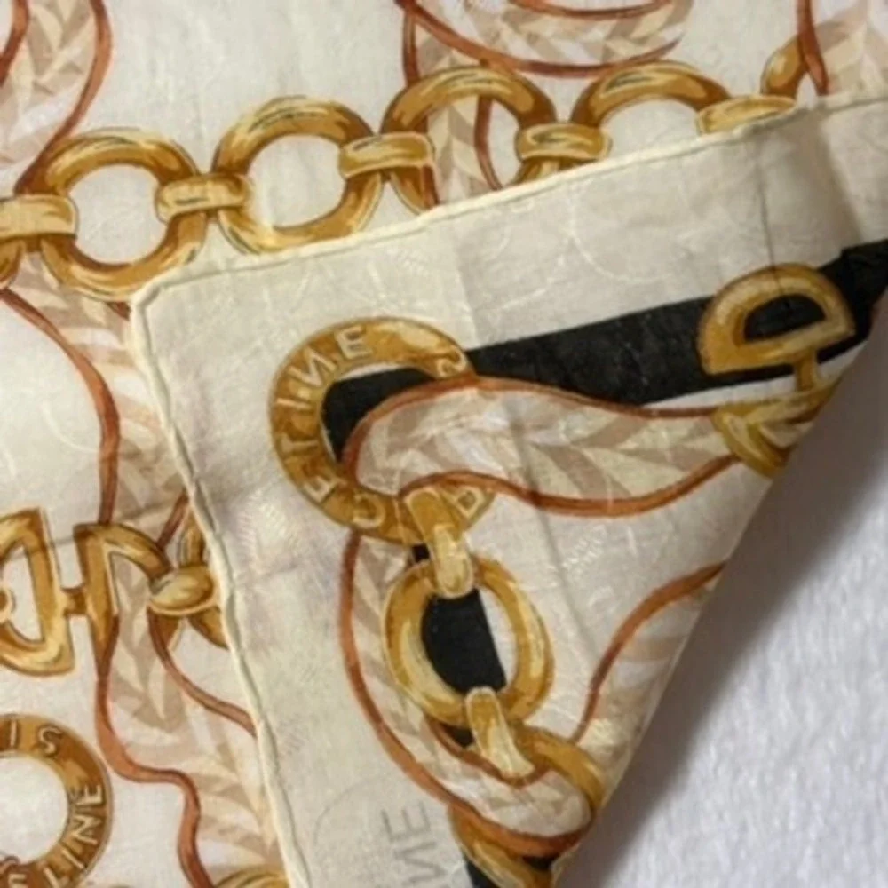 Vtg CELINE Scarf Handkerchief Chain Link Ribbon Cream Gold Black 20